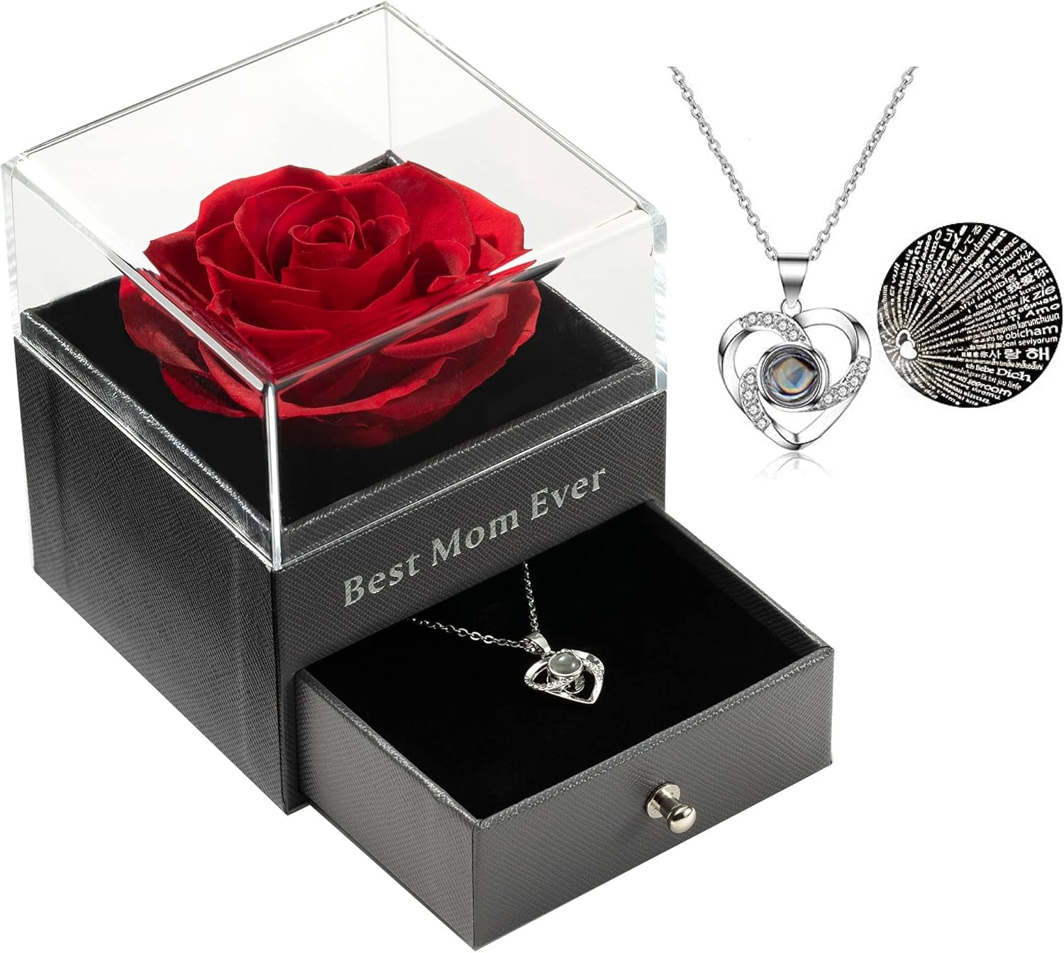 Mothers Day Gift Preserved Real Rose Preserved Rose Flower with Necklace 100 Languages Gift, Enchanted Real Rose Flower for Mother'S Day Gifts for Her (Red)